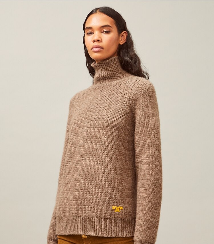 Tory Burch designer sweaters Raglan Turtleneck in Dark Oatmeal Melange on model detail