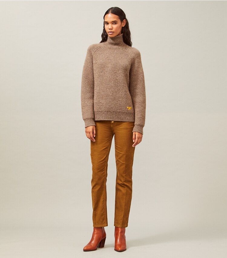 Tory Burch designer sweaters Raglan Turtleneck in Dark Oatmeal Melange on model front