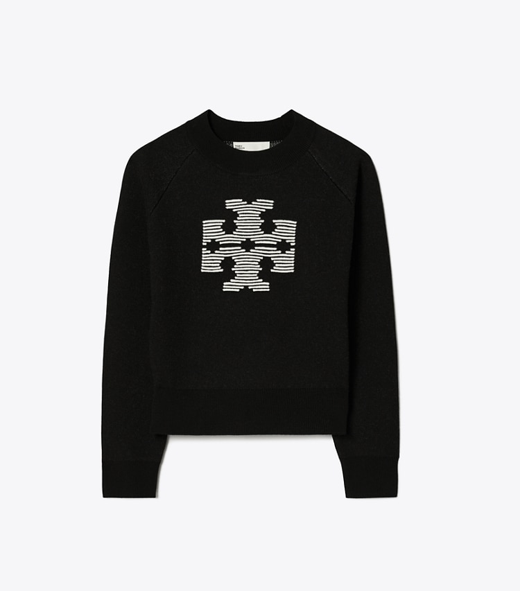 Tory Burch designer sweaters Raglan Wool Logo Sweater in Black / Light New Ivory front