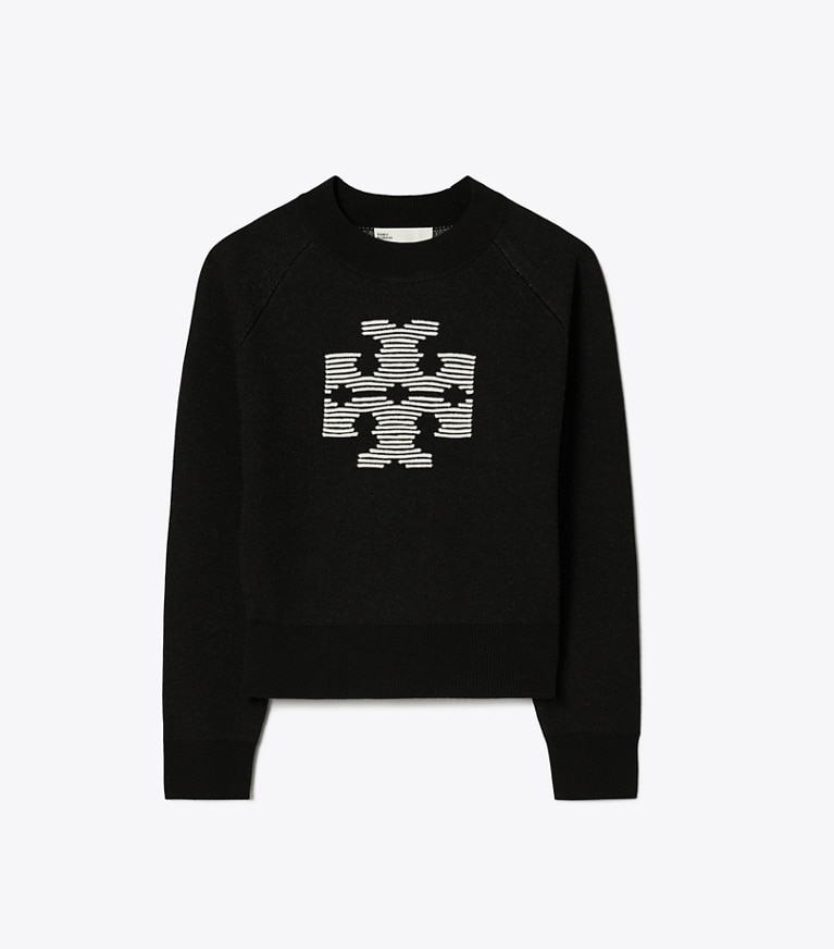 Tory Burch designer sweaters Raglan Wool Logo Sweater in Black / Light New Ivory front