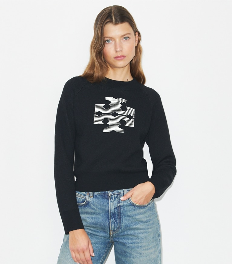 Tory Burch designer sweaters Raglan Wool Logo Sweater in Black / Light New Ivory front