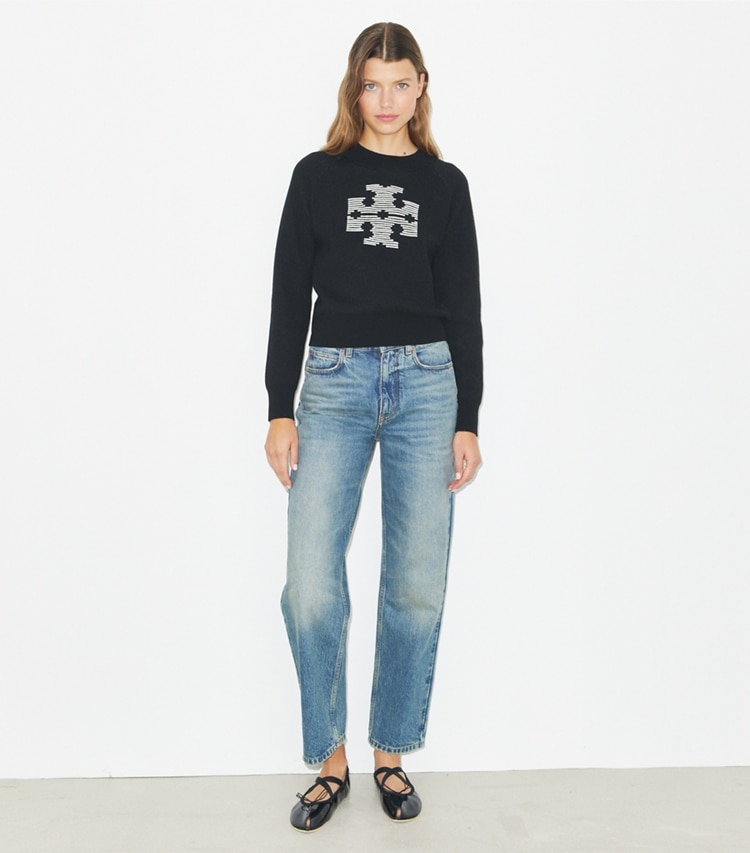 Tory Burch designer sweaters Raglan Wool Logo Sweater in Black / Light New Ivory on model front