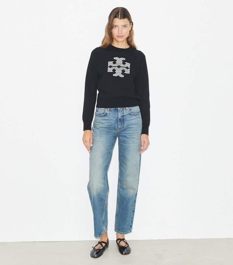 Tory Burch designer sweaters Raglan Wool Logo Sweater in Black / Light New Ivory front