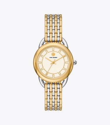 Tory Burch designer strap watches Ravello Watch, Two-Tone Gold/Stainless Steel/Ivory, 32 x 40 MM in SILVER/GOLD/IVORY front
