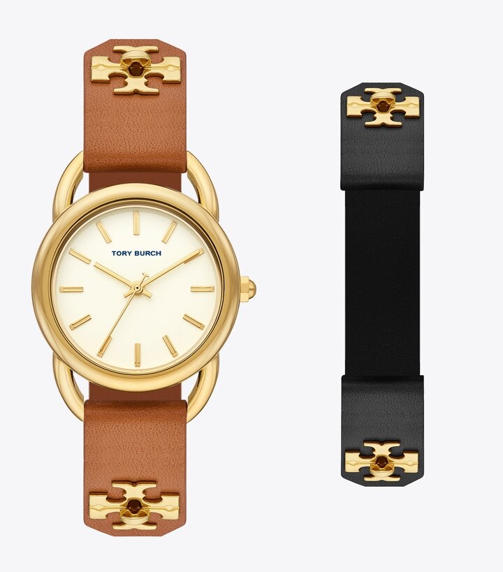 Ravello Watch Gift Set, Black/Brown Leather, Gold-Tone Stainless Steel, 32  MM : Women's Designer Strap Watches | Tory Burch