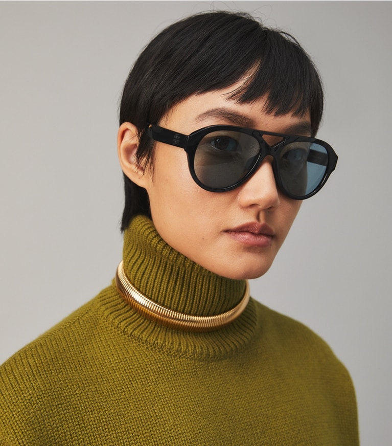 Tory Burch designer sunglasses & eyewear Recycled Pilot Sunglasses in BLACK/MARIGOLD front