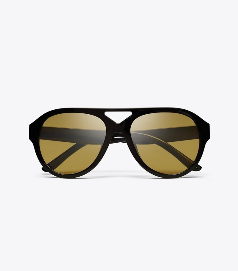 Tory Burch designer sunglasses & eyewear Recycled Pilot Sunglasses in BLACK/MARIGOLD front
