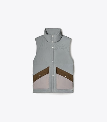 Tory Sport designer coats Reflective Colorblock Down Vest in Reflective Silver front