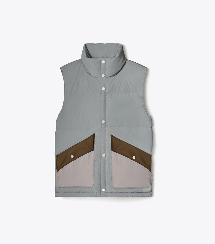 Tory Sport designer coats Reflective Colorblock Down Vest in Reflective Silver front