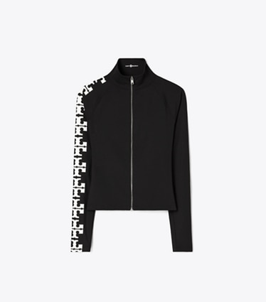 Tory Burch designer tops Reflective Nylon Logo Zip Top in Black front