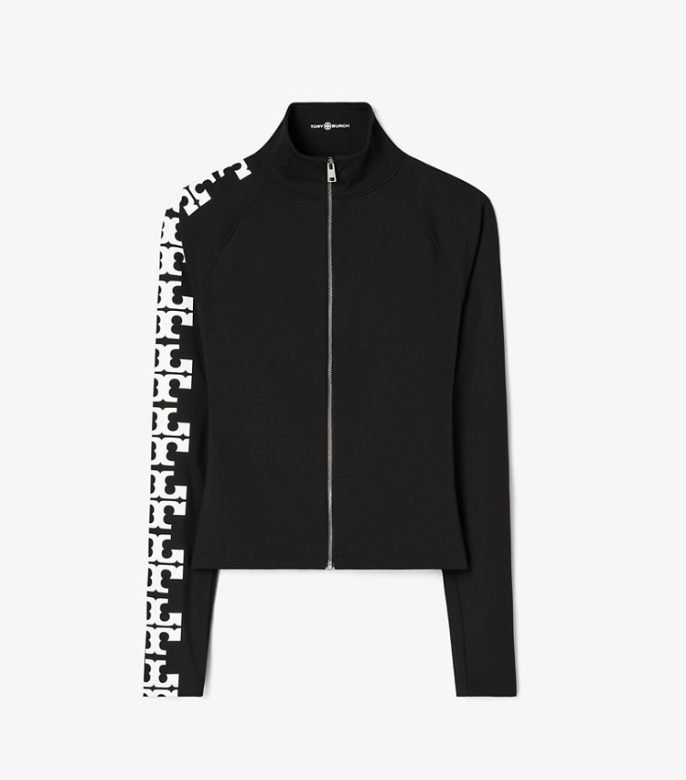 Tory Burch designer tops Reflective Nylon Logo Zip Top in Black front