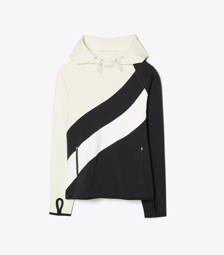 Tory Sport designer sweaters Reflective-Stripe Hoodie in Sport Black/Snow White front