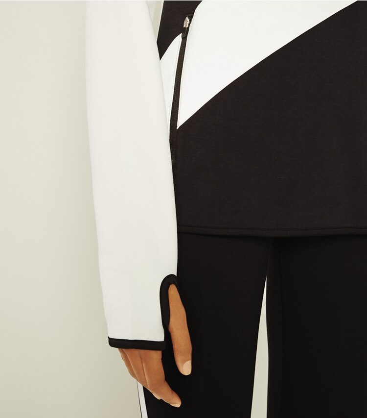 Tory Sport designer sweaters Reflective-Stripe Hoodie in Sport Black/Snow White on model detail