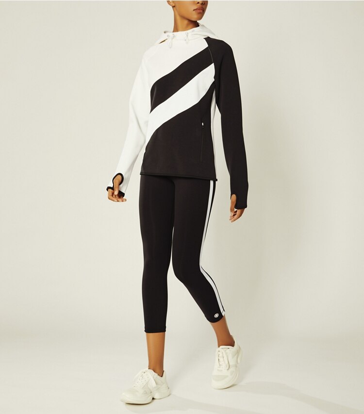 Tory Sport designer sweaters Reflective-Stripe Hoodie in Sport Black/Snow White on model front