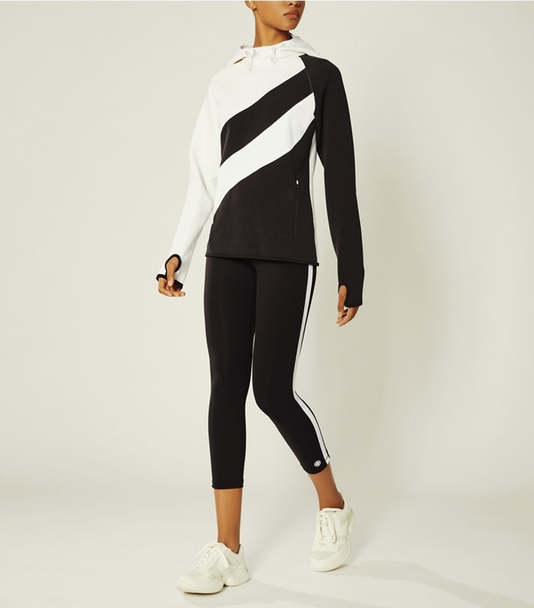 Tory Sport designer sweaters Reflective-Stripe Hoodie in Sport Black/Snow White front