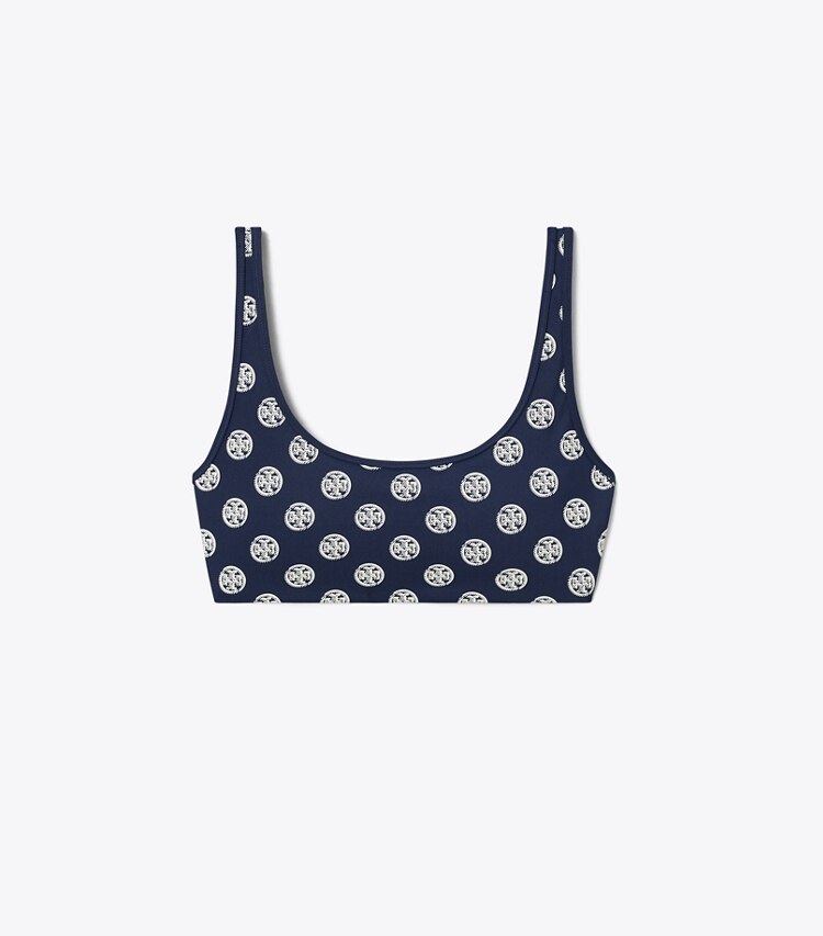 Tory Burch designer reggiseni sportivi Reggiseno contenitivo T Monogram con scollo rotondo in Tory Navy Engraved Logo front