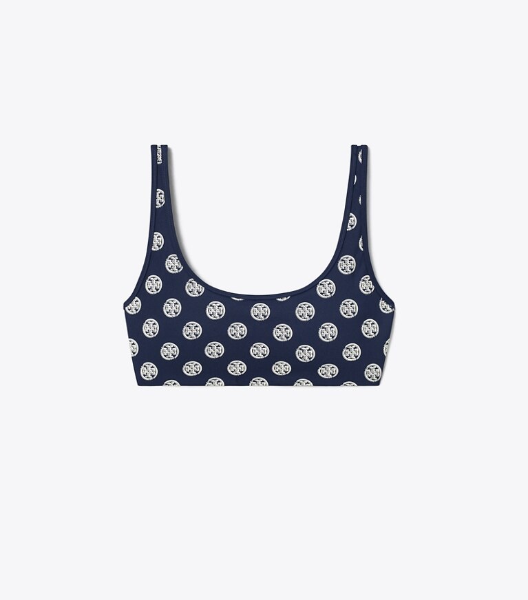 Tory Burch designer reggiseni sportivi Reggiseno contenitivo T Monogram con scollo rotondo in Tory Navy Engraved Logo front