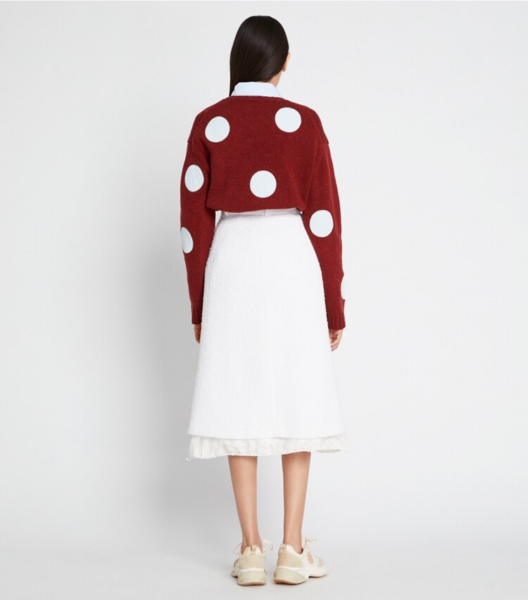 Tory Sport designer sweaters Relaxed Dot Sweater in Winetasting Heather / Swiss Blue on model back