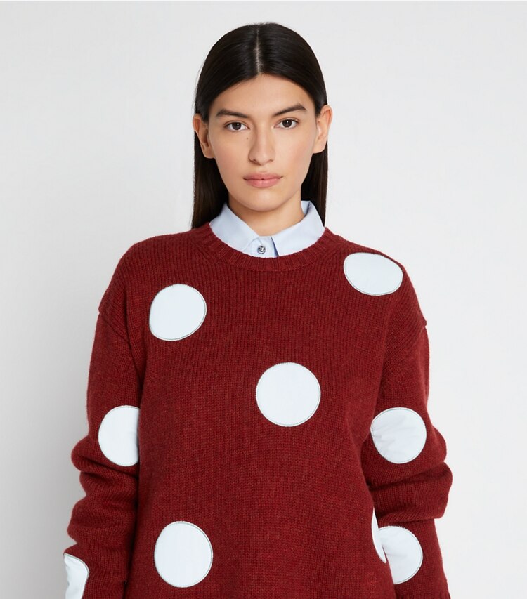Tory Sport designer sweaters Relaxed Dot Sweater in Winetasting Heather / Swiss Blue on model detail