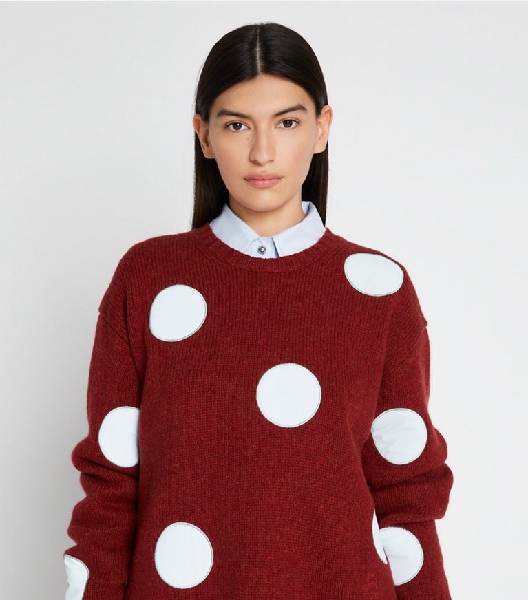 Tory Sport designer sweaters Relaxed Dot Sweater in Winetasting Heather / Swiss Blue front