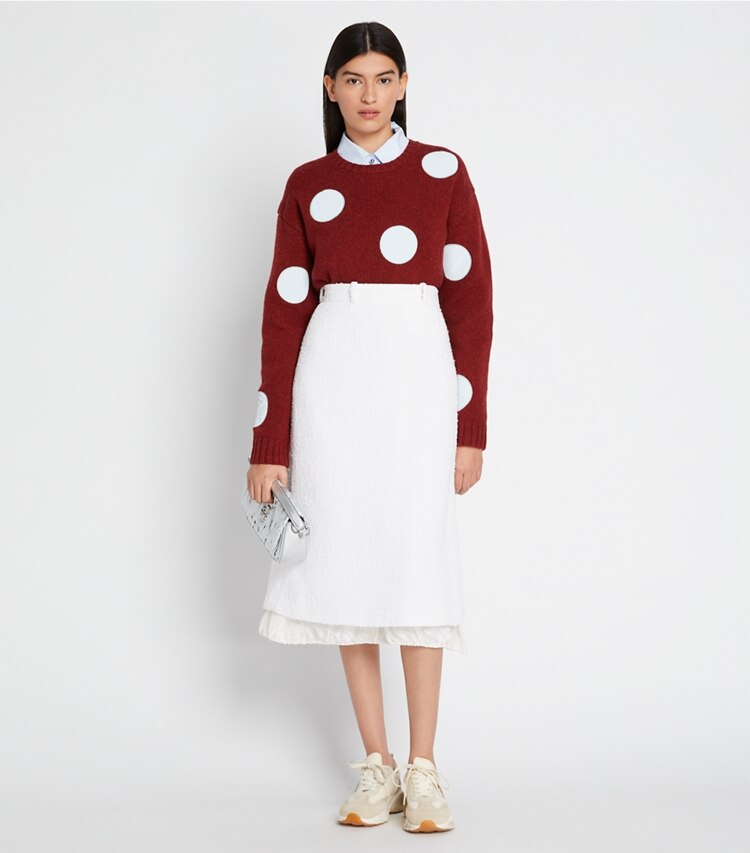 Tory Sport designer sweaters Relaxed Dot Sweater in Winetasting Heather / Swiss Blue on model front