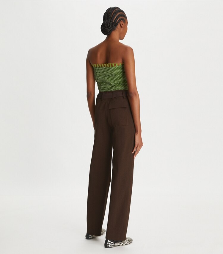 Tory Burch designer bottoms Relaxed Faille Pant in Dark Cocoa on model back