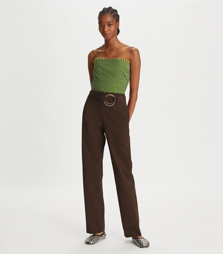 Tory Burch designer bottoms Relaxed Faille Pant in Dark Cocoa on model front