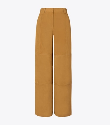 Tory Burch designer bottoms Relaxed-Fit Suede Pant in Hazelnut Suede front