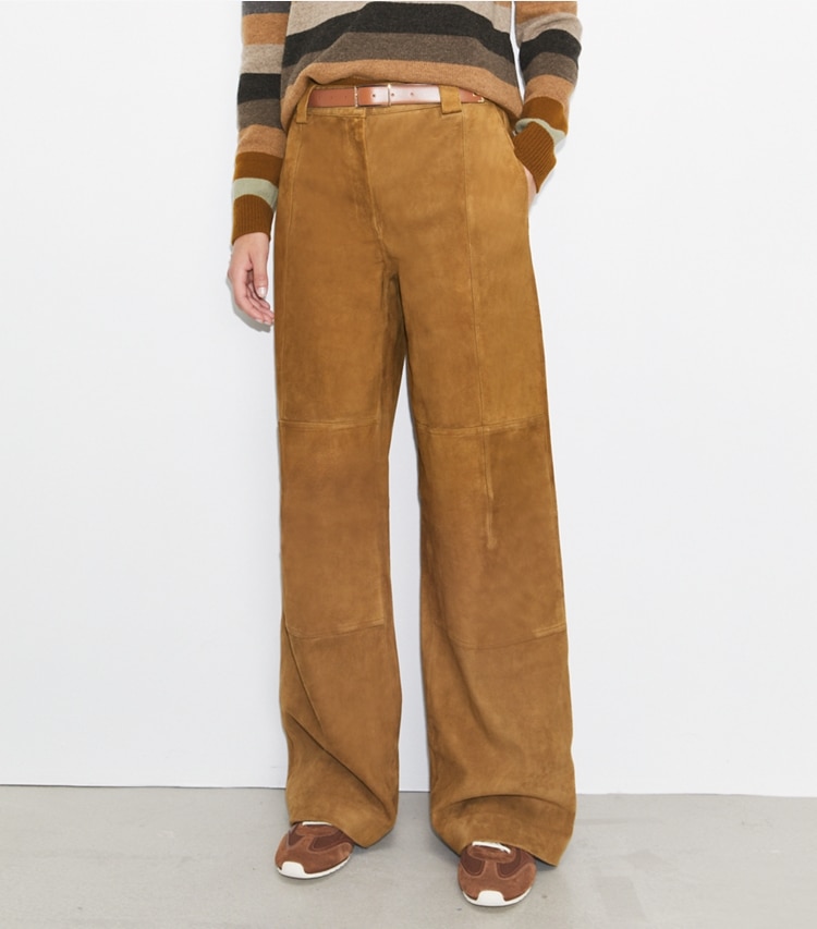 Tory Burch designer bottoms Relaxed-Fit Suede Pant in Hazelnut Suede on model detail