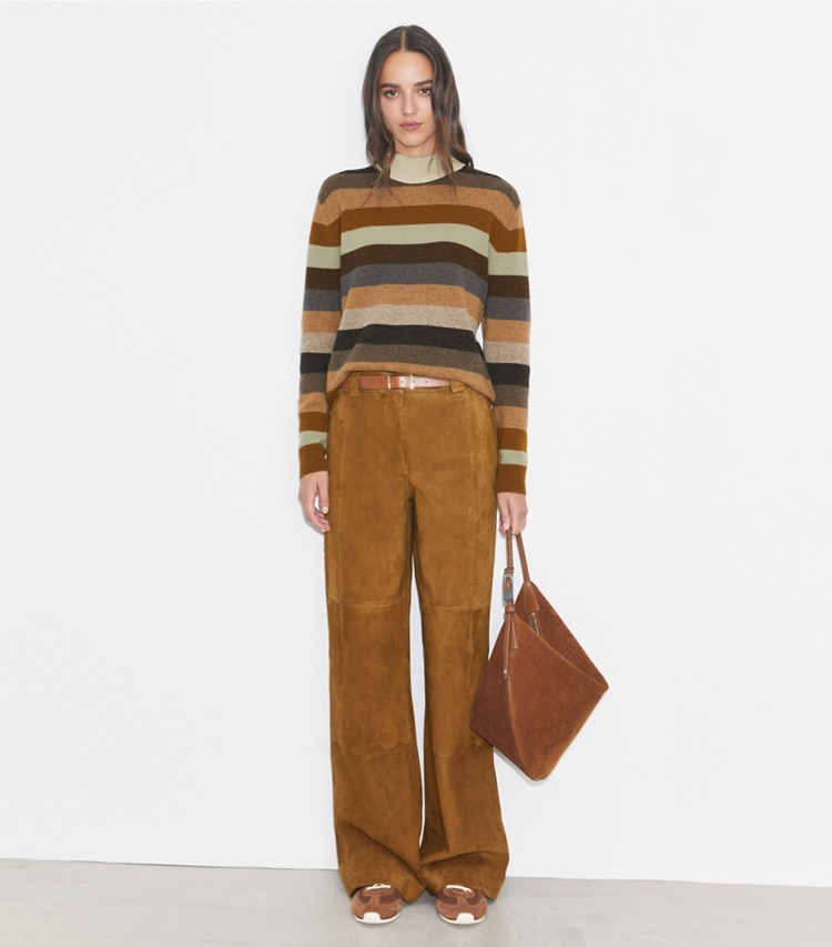 Tory Burch designer bottoms Relaxed-Fit Suede Pant in Hazelnut Suede on model front