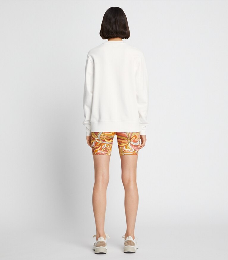 Tory Sport designer sweaters Relaxed Heavyweight French Terry Logo Patch Crew in Snow White front