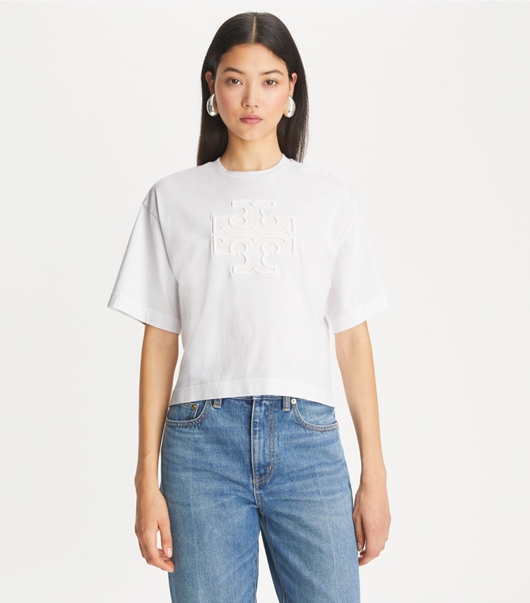 Tory Burch designer tops Relaxed Logo T-Shirt in White on model detail