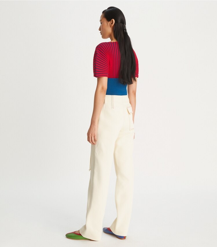 Tory Burch designer bottoms Relaxed Multicolor Topstitch Pant  in French Cream on model back