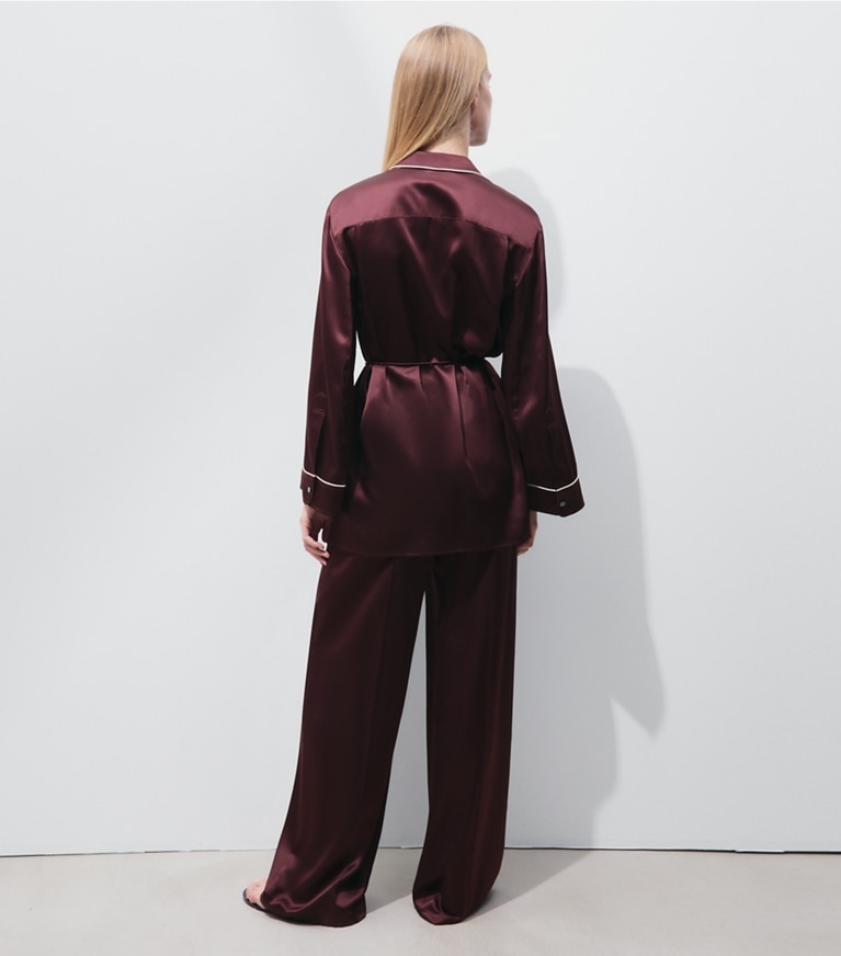Tory Burch designer bottoms Relaxed Silk Pant in Mahogany on model back
