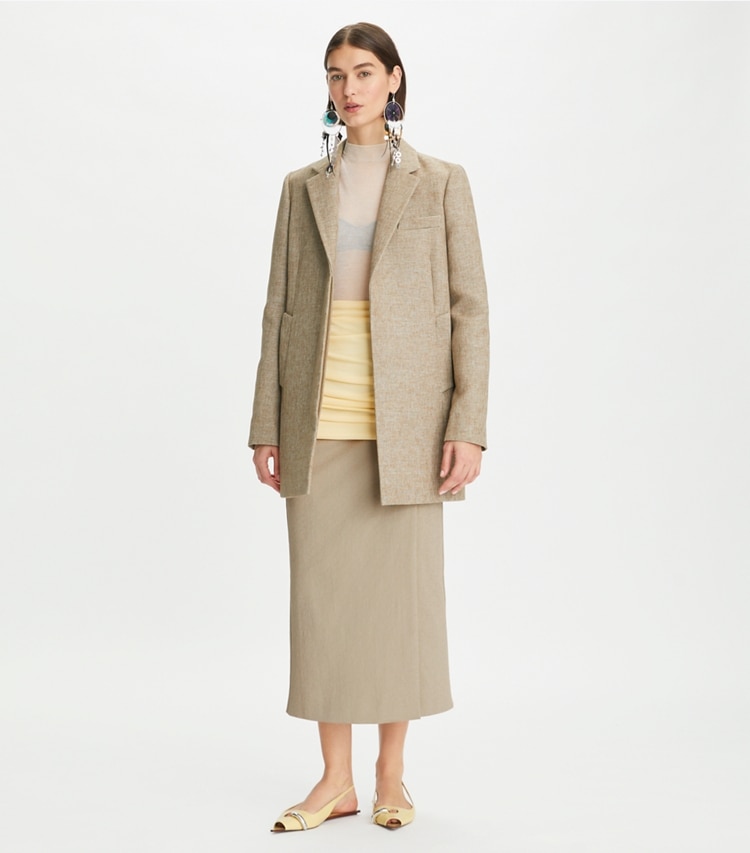 Tory Burch designer jackets Relaxed Wool Blazer in Brown White Multi on model front