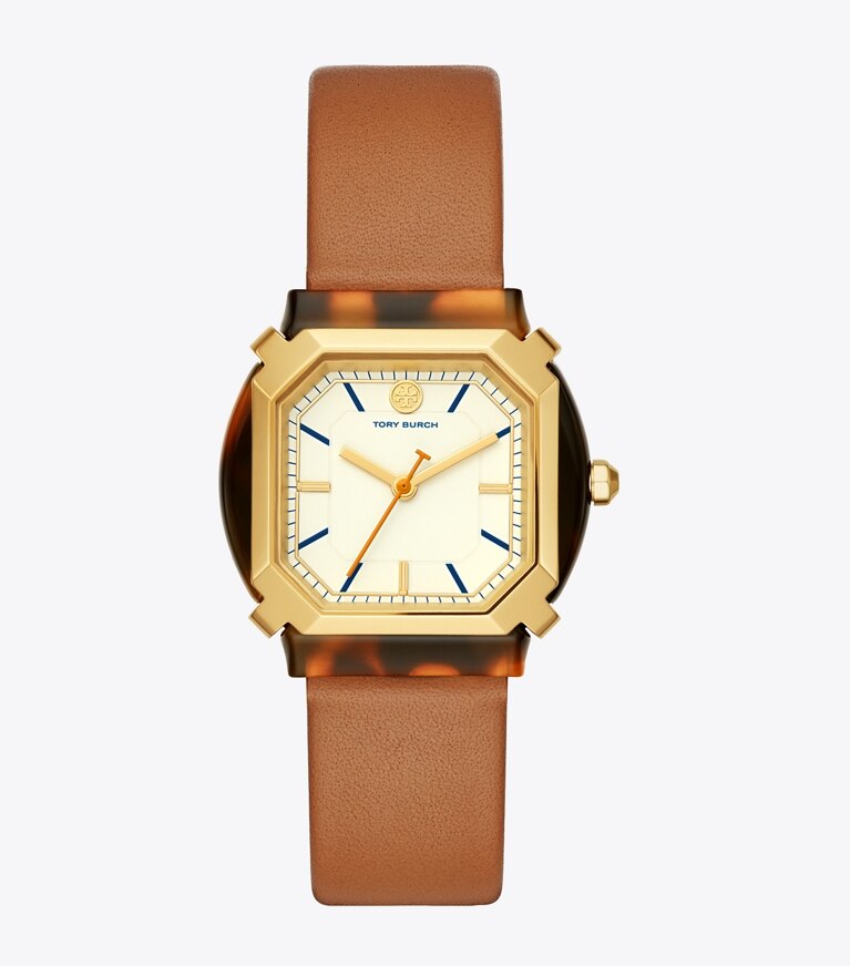 Tory Burch diseñador relojes con correa Reloj Blake, piel equipaje/dorado/carey, 35 mm en Ivory/Tort/Gold/Luggage frontal