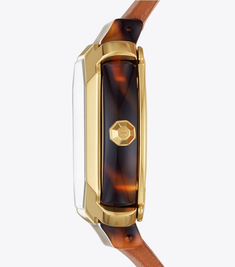 Tory Burch diseñador relojes con correa Reloj Blake, piel equipaje/dorado/carey, 35 mm en Ivory/Tort/Gold/Luggage lateral
