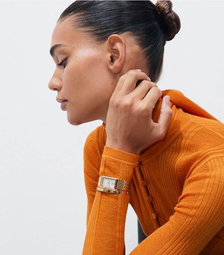 Tory Burch diseñador relojes con correa Reloj Eleanor Slim en MOP/GOLD/PAVE accesorio en el modelo