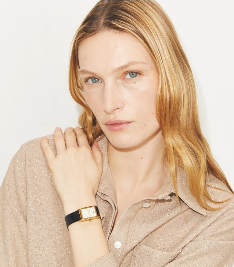Tory Burch diseñador relojes con correa Reloj fino Eleanor en IVORY/GOLD/BLACK accesorio en modelo