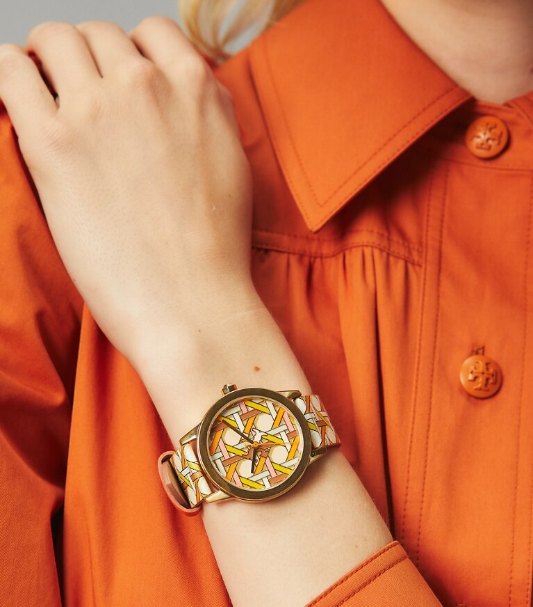 Tory Burch diseñador relojes con correa Reloj Gigi, piel estampada/tono dorado, 36 x 42 mm en ORANGE/GOLD accesorio en el modelo