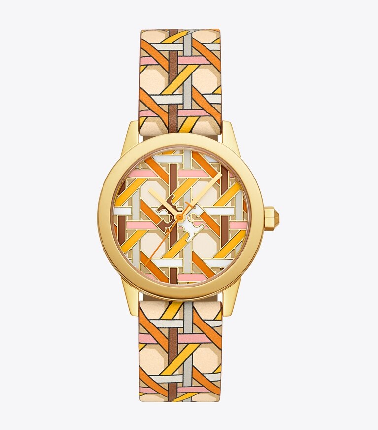 Tory Burch diseñador relojes con correa Reloj Gigi, piel estampada/tono dorado, 36 x 42 mm en ORANGE/GOLD frontal