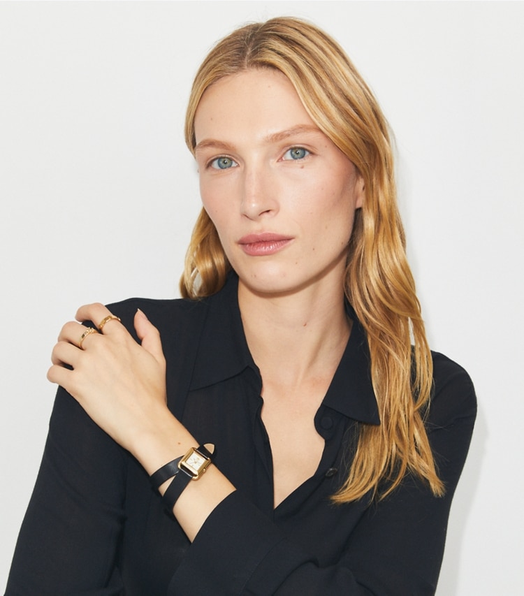 Tory Burch diseñador relojes con correa Reloj Kira pequeño con malla doble en IVORY/GOLD/BLACK accesorio en modelo