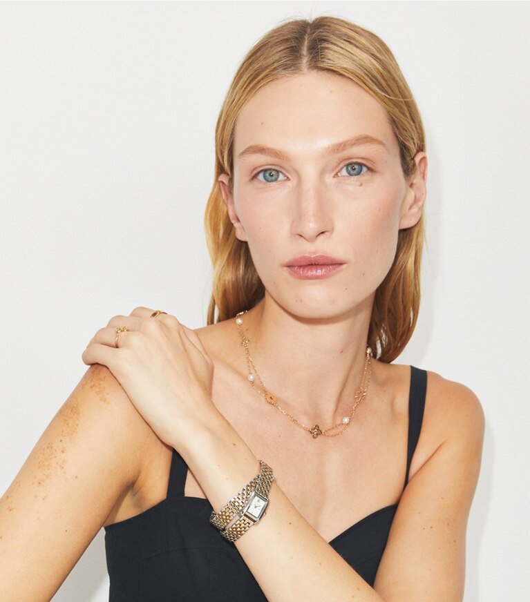 Tory Burch diseñador relojes con correa Reloj Mini Eleanor con malla doble en IVORY/TWO-TONE accesorio en modelo