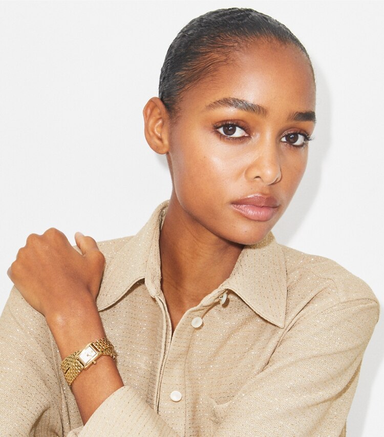 Tory Burch diseñador relojes con correa Reloj Mini Eleanor con malla doble en IVORY/GOLD accesorio en modelo