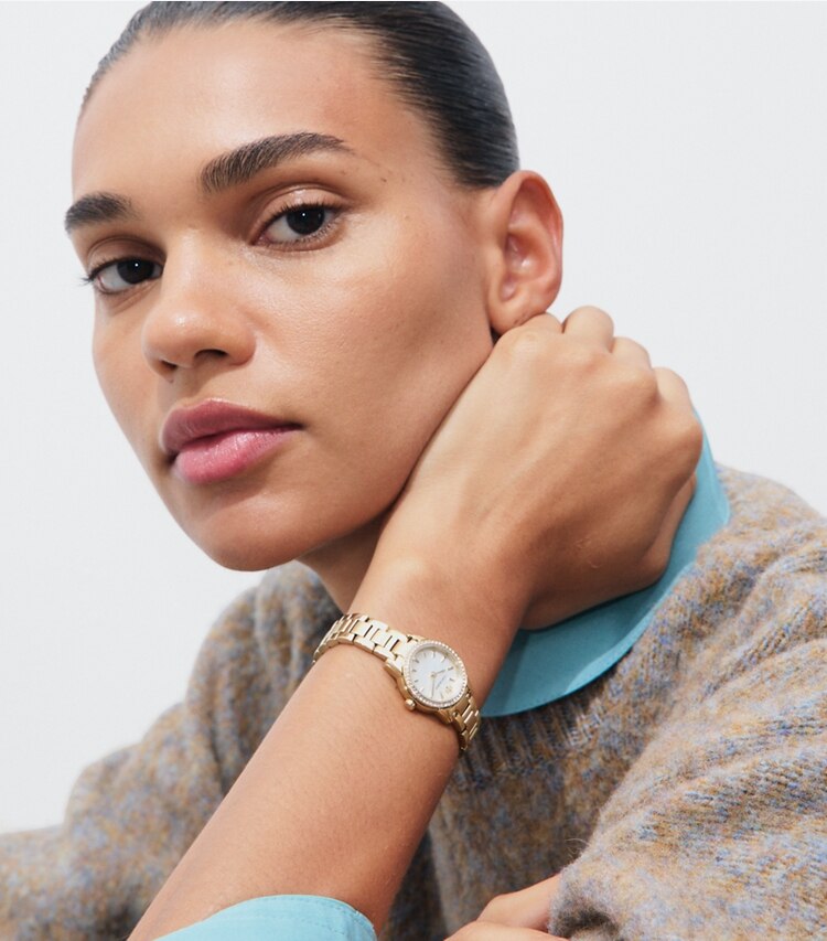 Tory Burch diseñador relojes con correa Reloj Mini Miller en MOP/PALE GOLD/PAVE accesorio en el modelo