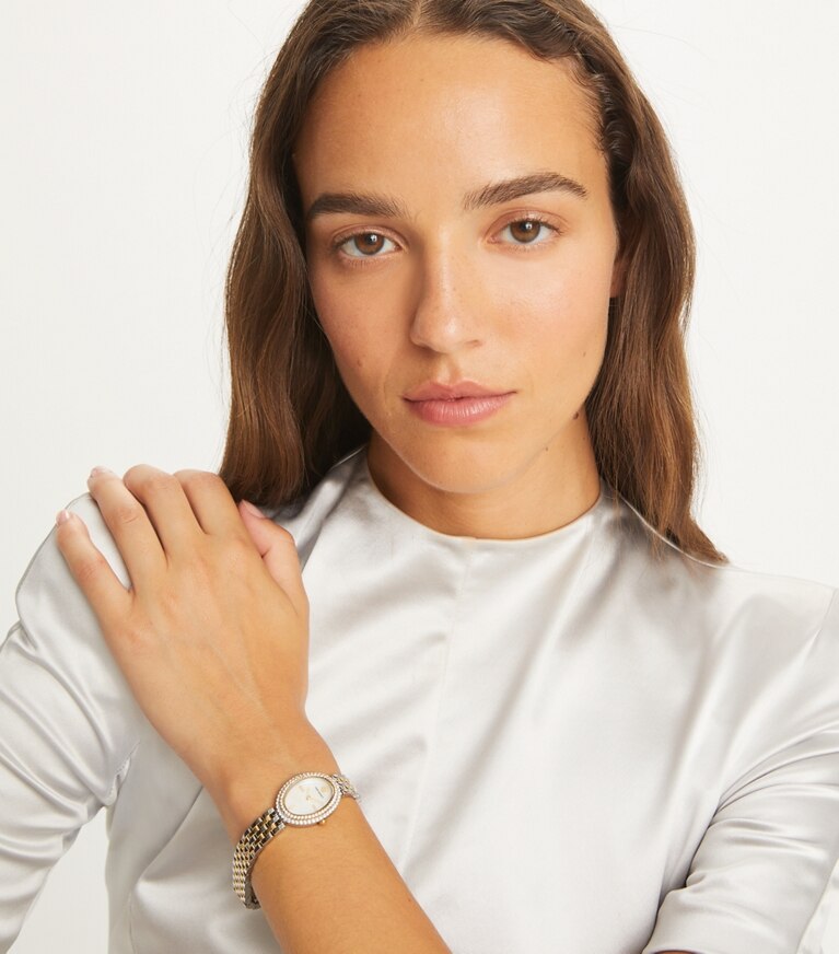 Tory Burch diseñador relojes con correa Reloj ovalado en MOP/STONES/TWO-TONE accesorio en el modelo