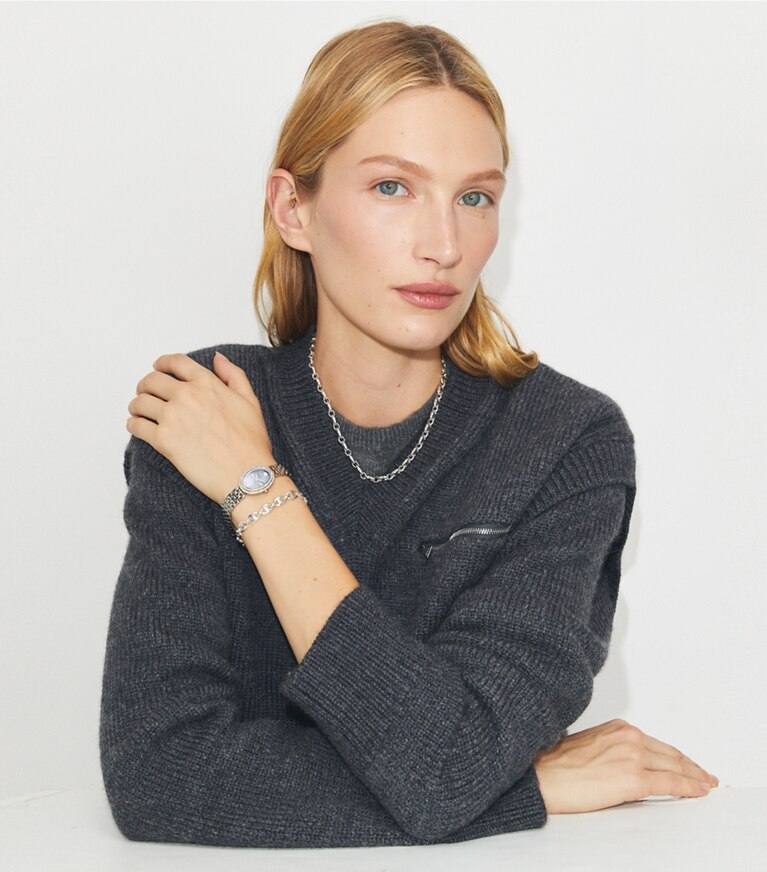 Tory Burch diseñador relojes con correa Reloj ovalado en BLUE/STONES/SILVER accesorio en el modelo