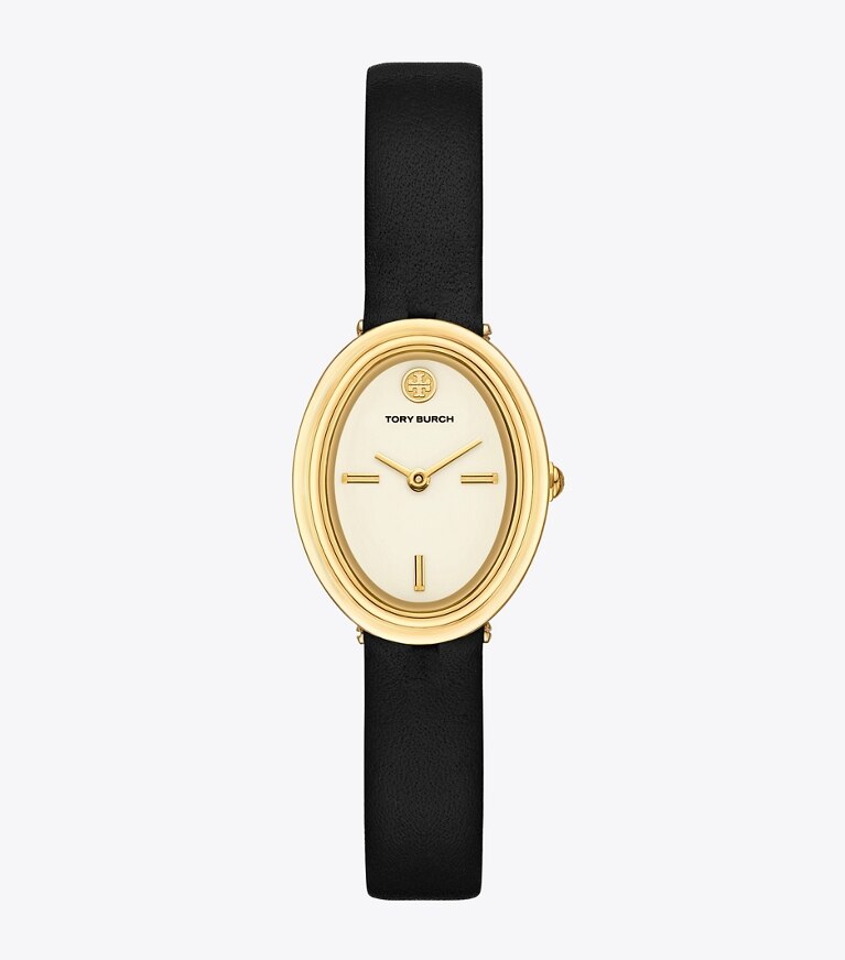 Tory Burch diseñador relojes con correa Reloj ovalado en BLACK/GOLD frontal