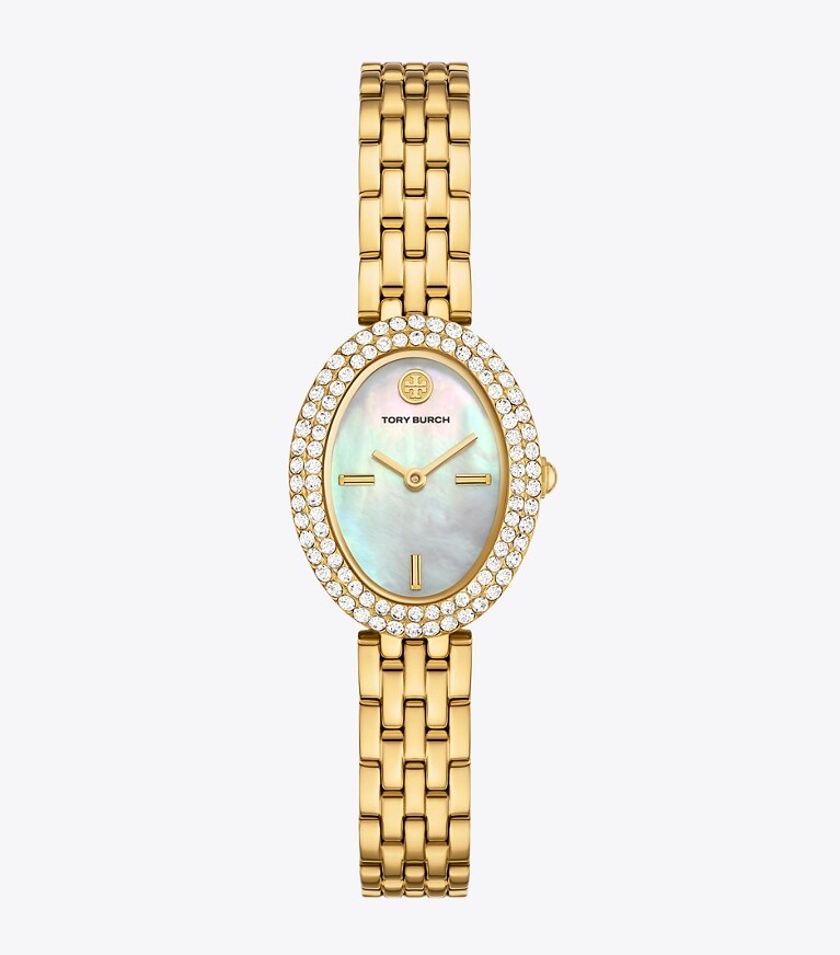 Tory Burch diseñador relojes con correa Reloj ovalado en MOP/STONES/GOLD frente