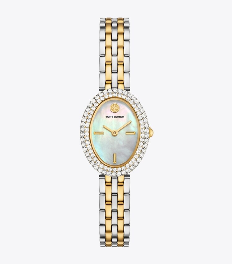 Tory Burch diseñador relojes con correa Reloj ovalado en MOP/STONES/TWO-TONE frontal